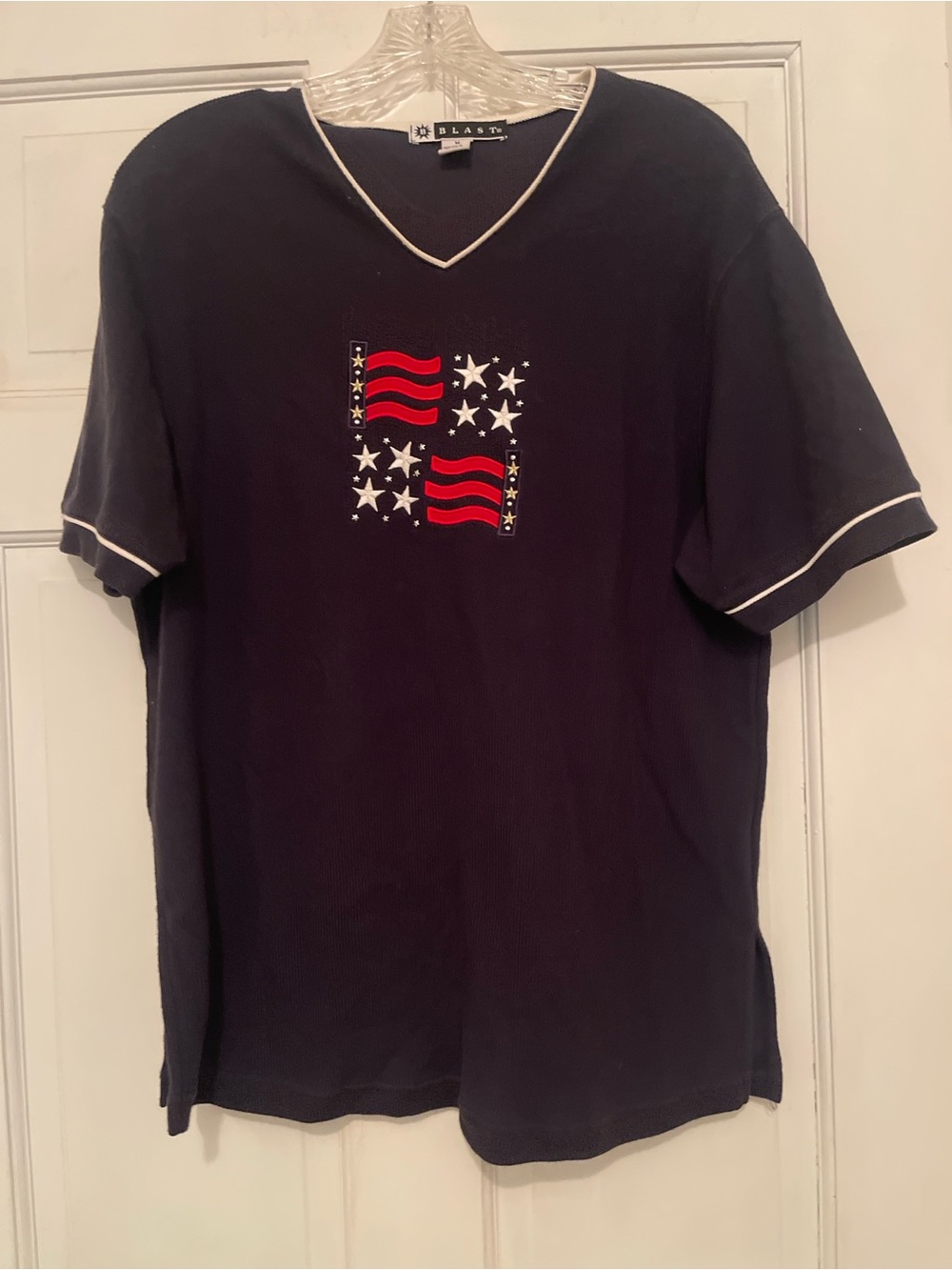 Patriotic American Flag Shirt Women’s Embroidered Stars & Stripes Tee 4th Top